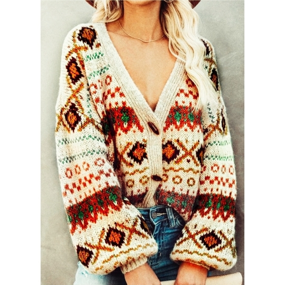 NEW Boho Chunky Knit Tribal Cardigan Long Lantern Sleeve